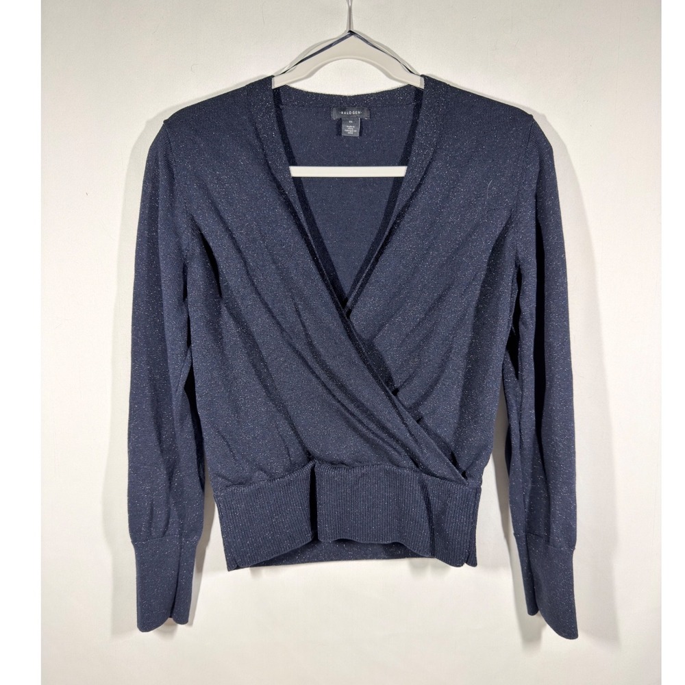Halogen Navy Indigo Blue Metallic Shimmer Surplice V-Neck Wrap Sweater Medium